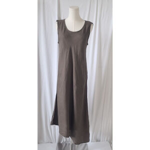 Flax Womens Brownish Green Asymmetrical Hem Linen Shift Dress Small